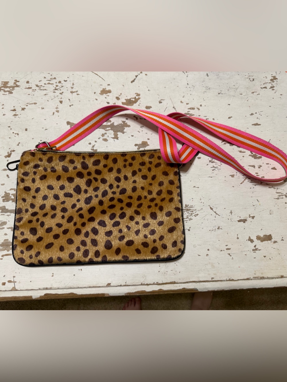 Leopard Print Crossbody Bag with Pink Stripe Strap
